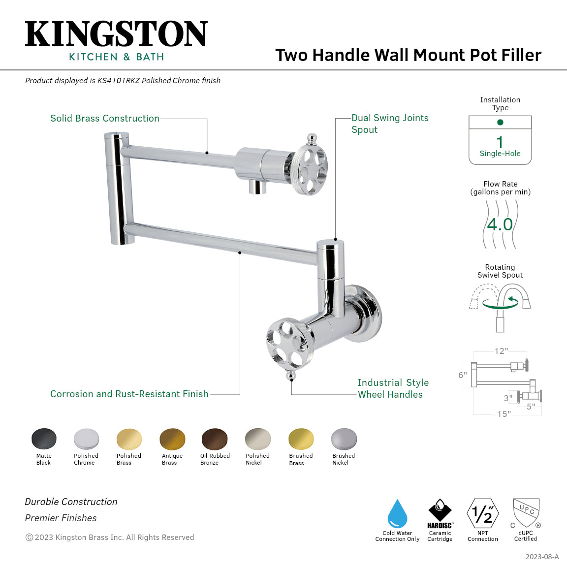 Kingston Sona KS4107RKZ - Wendell Two-Handle 1-Hole Wall Mount Pot Filler Faucet with Knurled Handle, Brushed Brass — thumbnail 2