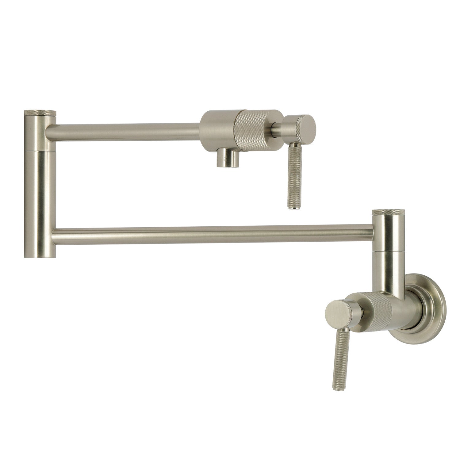 Kingston Sona KS4108KNL - Convergent Two-Handle 1-Hole Wall Mount Pot Filler Faucet with Knurled Handle, Brushed Nickel