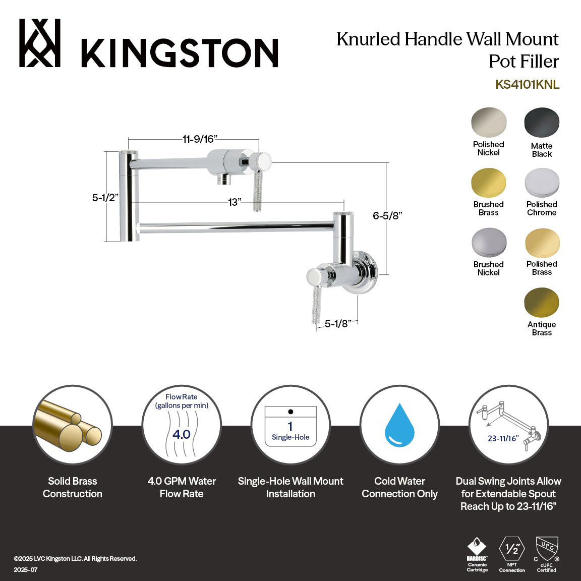 Kingston Sona KS4108KNL - Convergent Two-Handle 1-Hole Wall Mount Pot Filler Faucet with Knurled Handle, Brushed Nickel — thumbnail 2