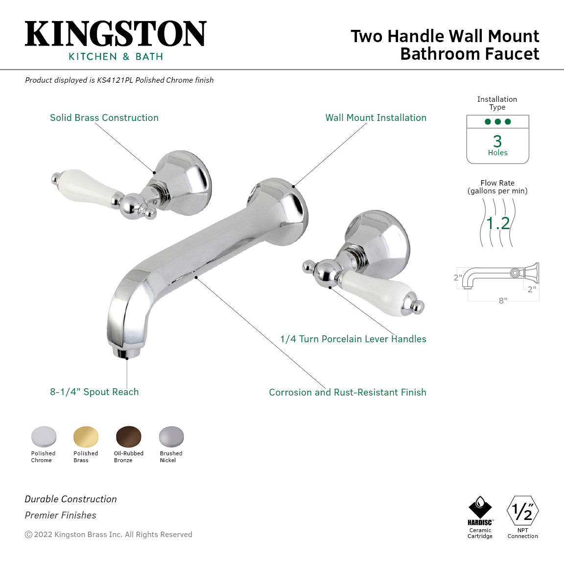 Kingston Tulare KS4121PL - Metropolitan Double-Handle 3-Hole Wall Mount Bathroom Faucet, Polished Chrome — thumbnail 2