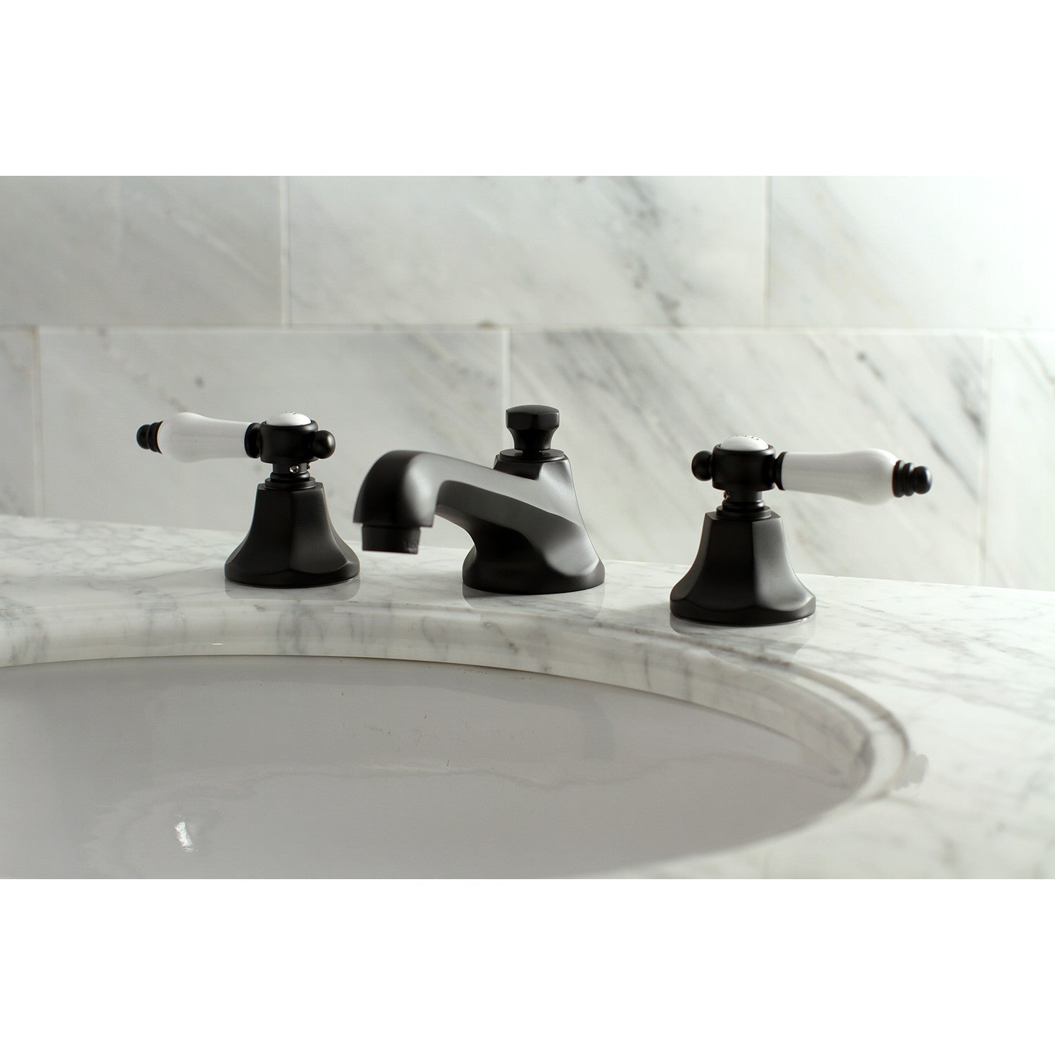 Kingston Tulare KS4460BPL - Bel-Air Two-Handle 3-Hole Deck Mount Widespread Bathroom Faucet with Brass Pop-Up, Matte Black — thumbnail 2