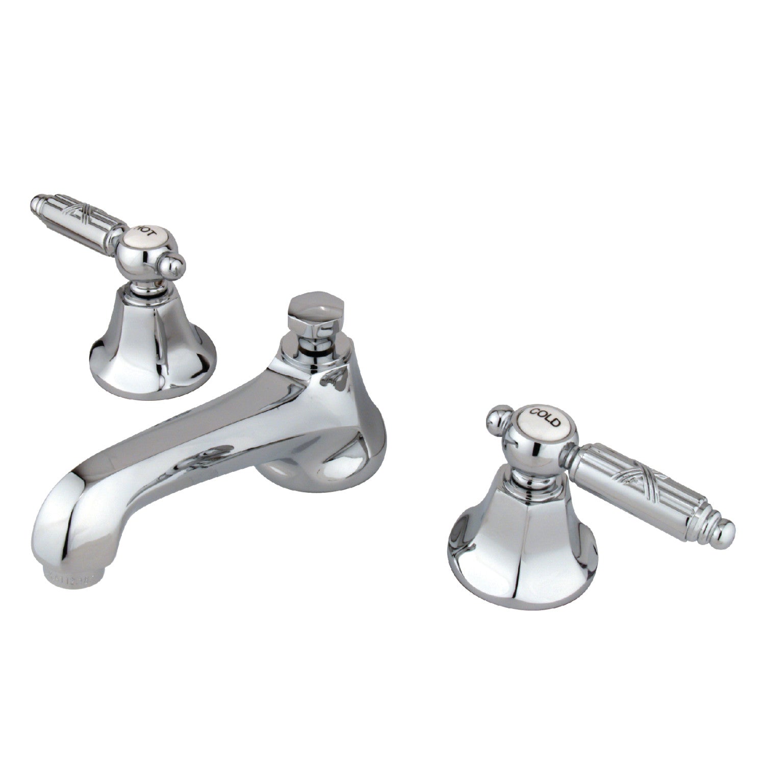 Kingston Tulare KS4461GL - Georgian Two-Handle 3-Hole Deck Mount Widespread Bathroom Faucet with Brass Pop-Up, Polished Chrome