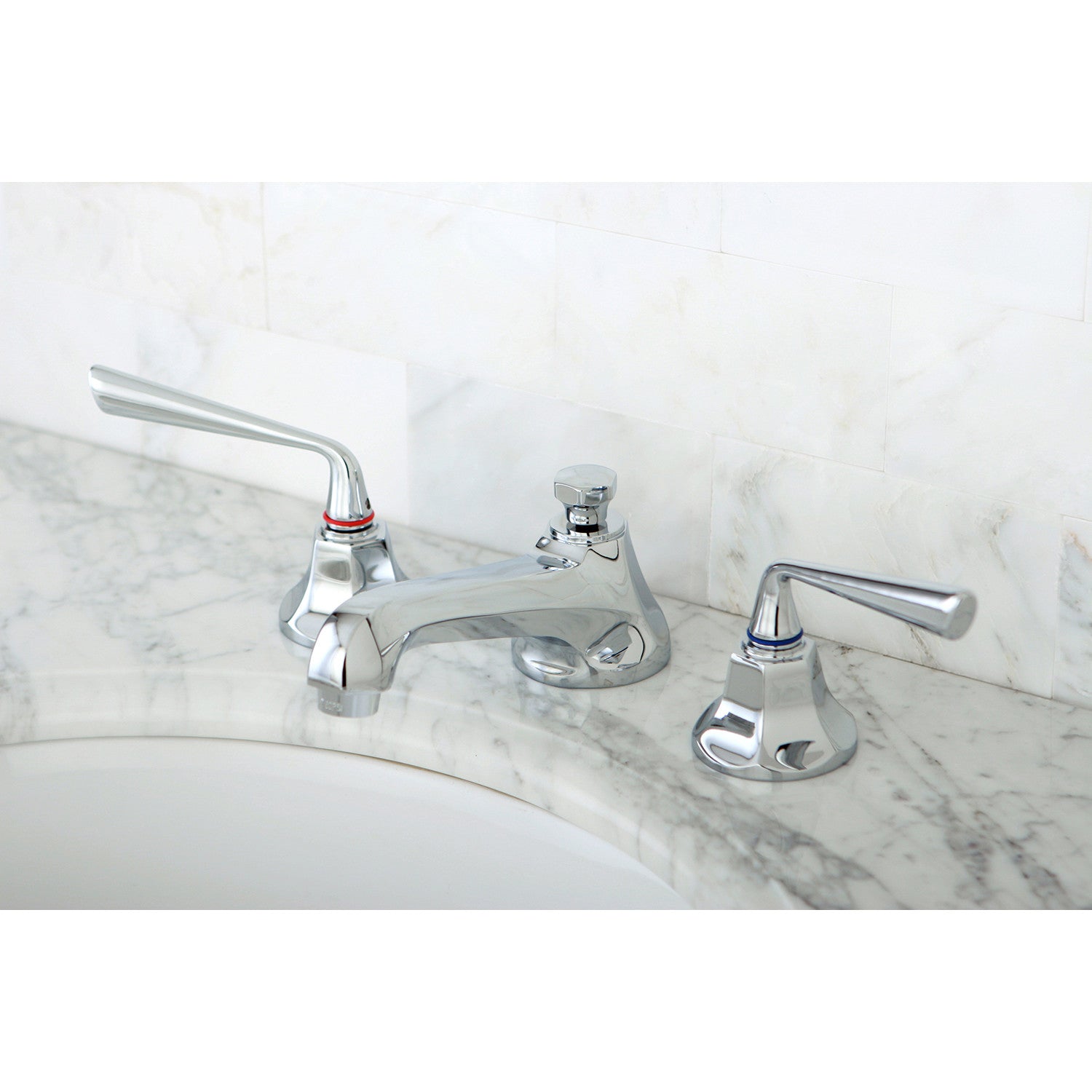 Kingston Tulare KS4461ZL - Silver Sage Two-Handle 3-Hole Deck Mount Widespread Bathroom Faucet with Brass Pop-Up, Polished Chrome — thumbnail 2
