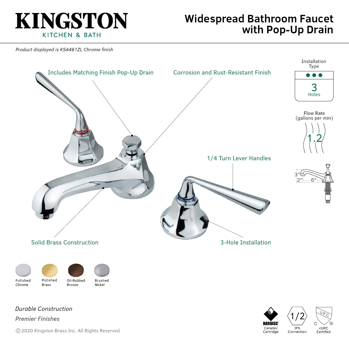 Kingston Tulare KS4461ZL - Silver Sage Two-Handle 3-Hole Deck Mount Widespread Bathroom Faucet with Brass Pop-Up, Polished Chrome — thumbnail 3