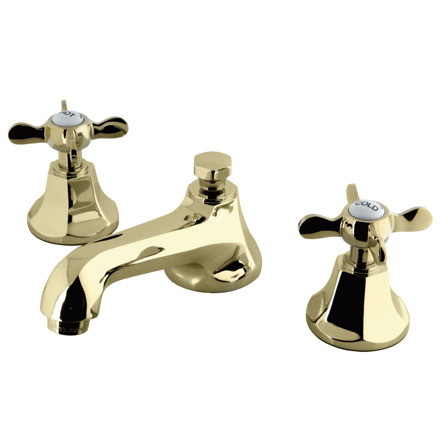 Kingston Tulare KS4462BEX - Essex Two-Handle 3-Hole Deck Mount Widespread Bathroom Faucet with Brass Pop-Up, Polished Brass