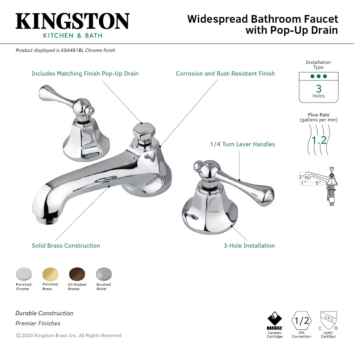 Kingston Tulare KS4462BL - Metropolitan Two-Handle 3-Hole Deck Mount Widespread Bathroom Faucet with Brass Pop-Up, Polished Brass — thumbnail 2