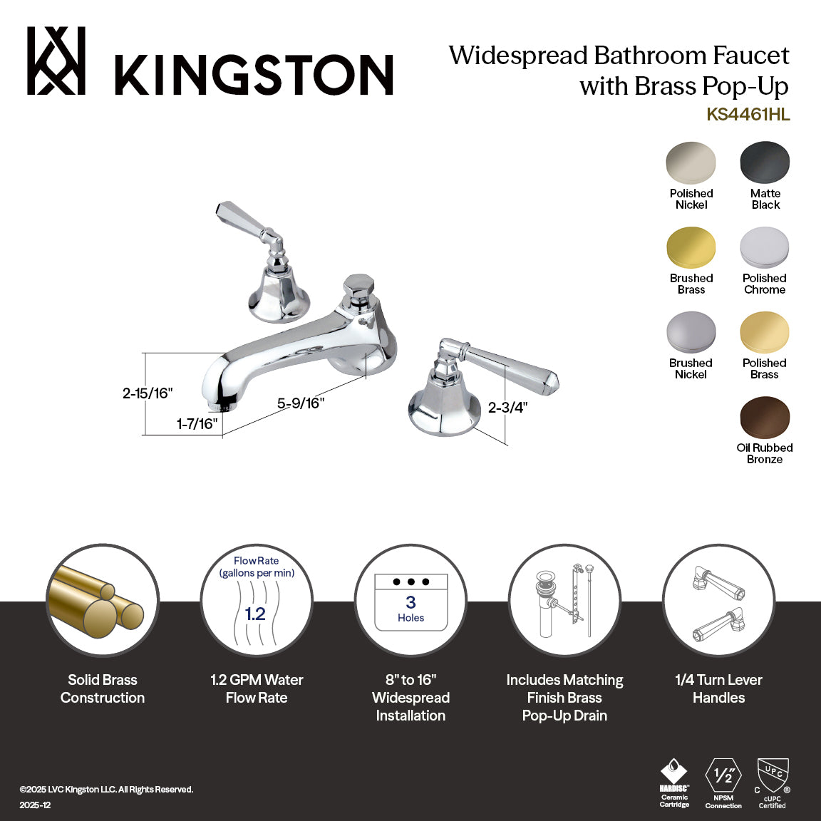 Kingston Tulare KS4462HL - Metropolitan Two-Handle 3-Hole Deck Mount Widespread Bathroom Faucet with Brass Pop-Up, Polished Brass — thumbnail 2
