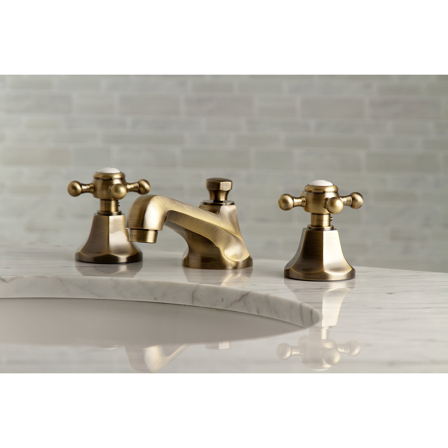 Kingston Heirloom KS4463BX - Metropolitan Two-Handle 3-Hole Deck Mount Widespread Bathroom Faucet with Brass Pop-Up, Antique Brass — thumbnail 3