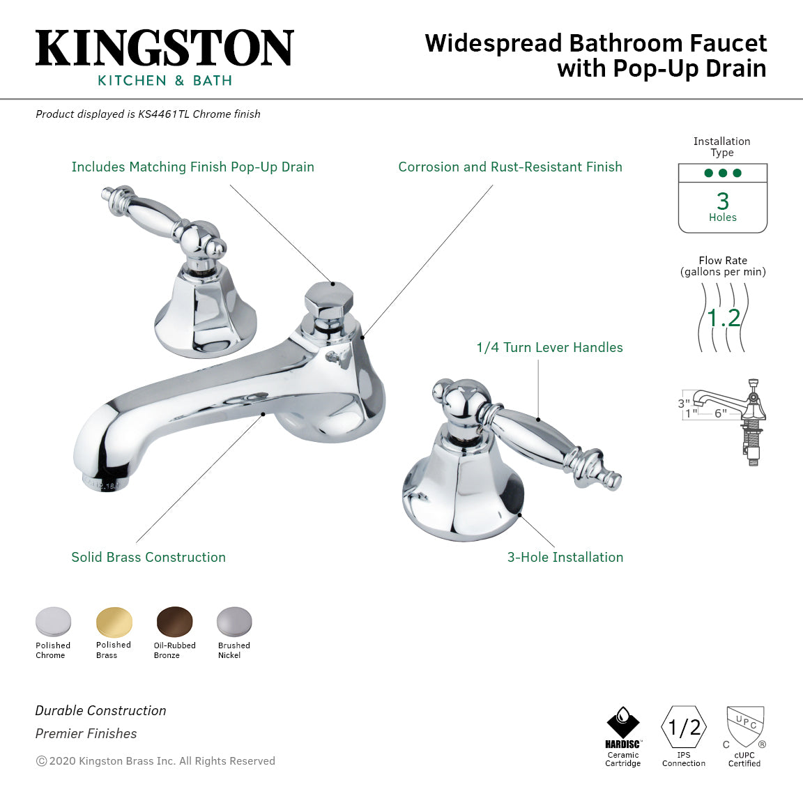 Kingston Tulare KS4465TL - Metropolitan Two-Handle 3-Hole Deck Mount Widespread Bathroom Faucet with Brass Pop-Up, Oil Rubbed Bronze — thumbnail 2