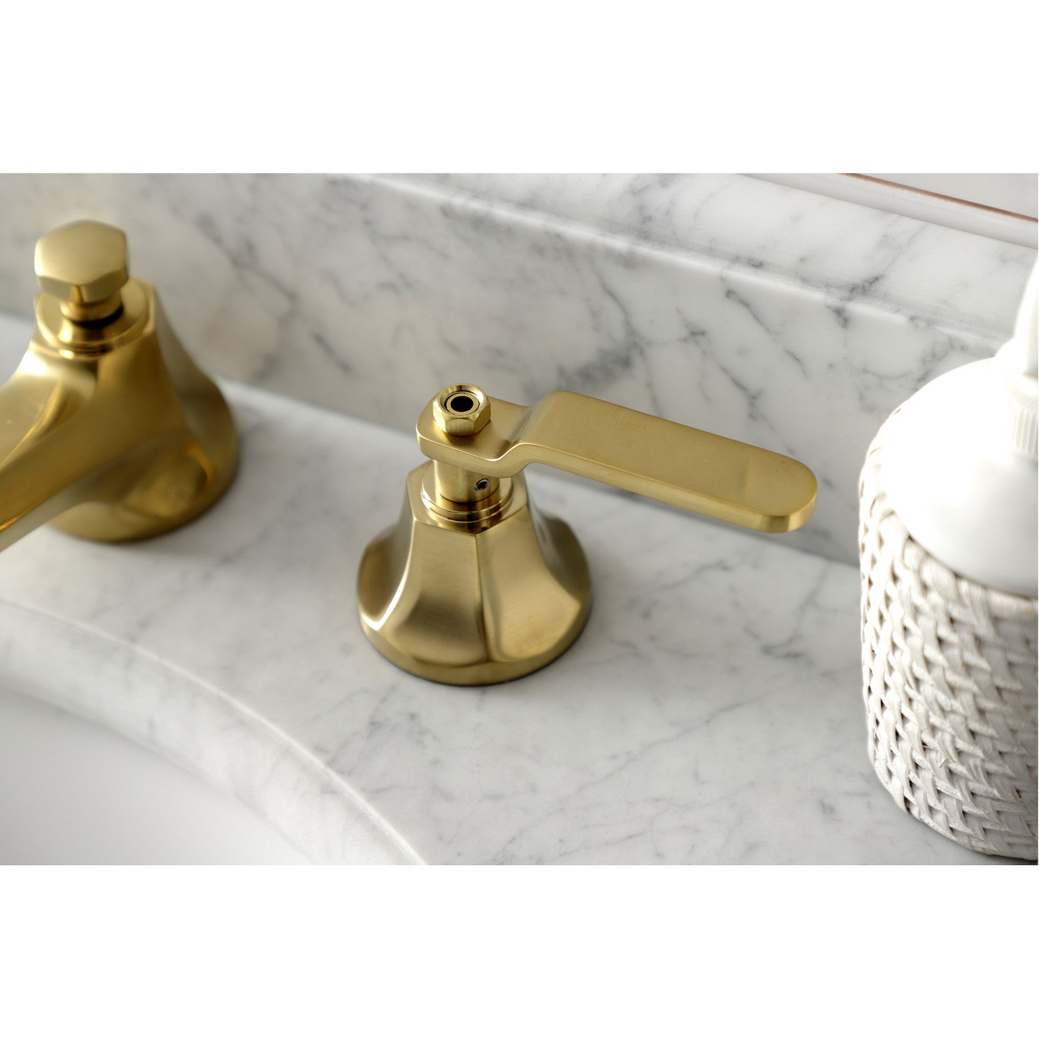 Kingston Heirloom KS4467KL - Whitaker Two-Handle 3-Hole Deck Mount Widespread Bathroom Faucet with Brass Pop-Up, Brushed Brass — thumbnail 2