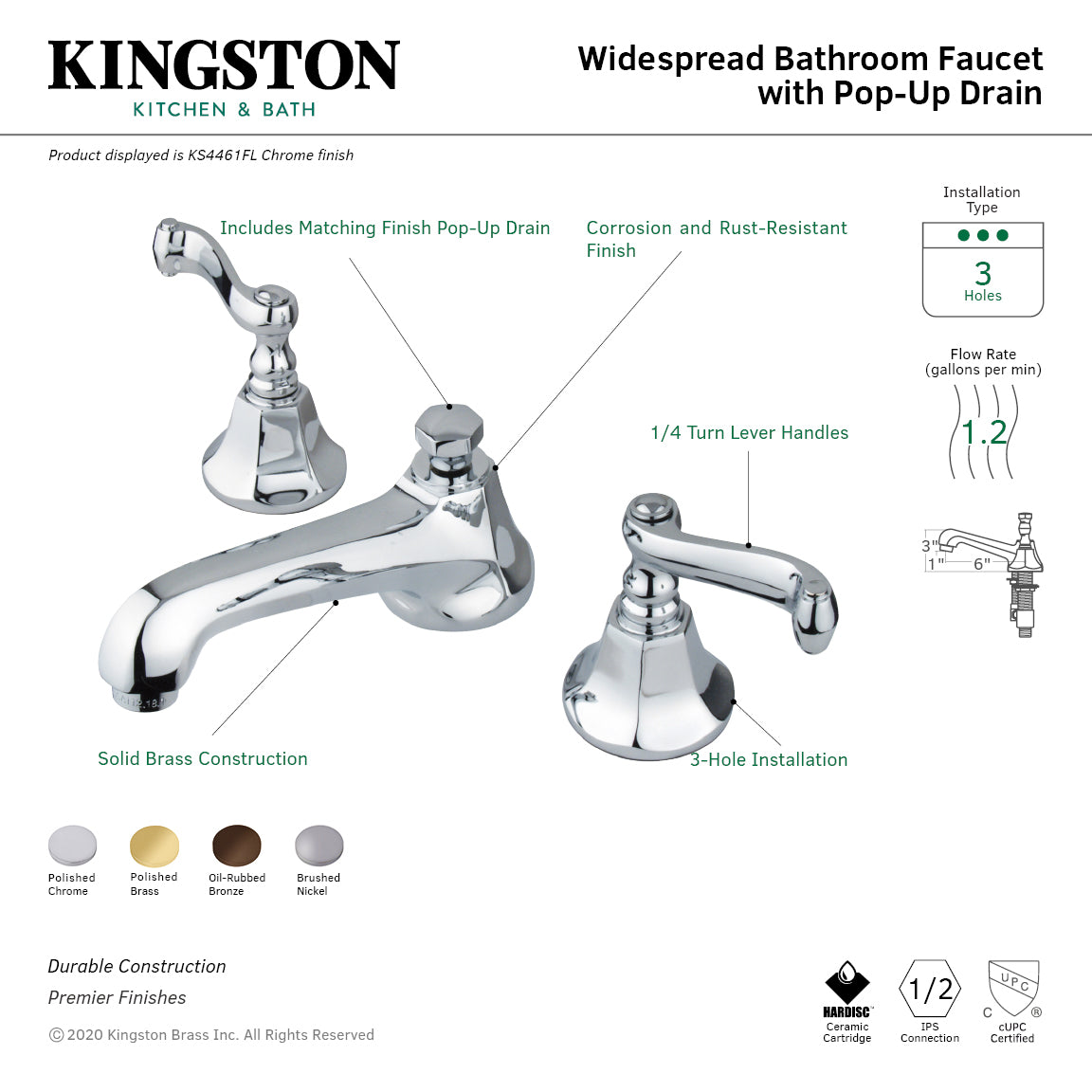 Kingston Tulare KS4468FL - Royale Two-Handle 3-Hole Deck Mount Widespread Bathroom Faucet with Brass Pop-Up, Brushed Nickel — thumbnail 2