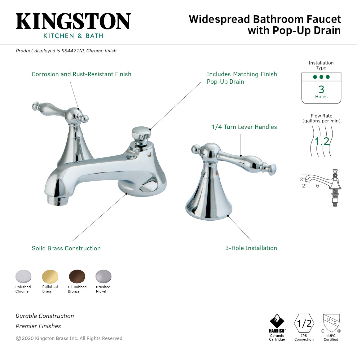 Kingston Tulare KS4471NL - Naples Two-Handle 3-Hole Deck Mount Widespread Bathroom Faucet with Brass Pop-Up, Polished Chrome — thumbnail 2