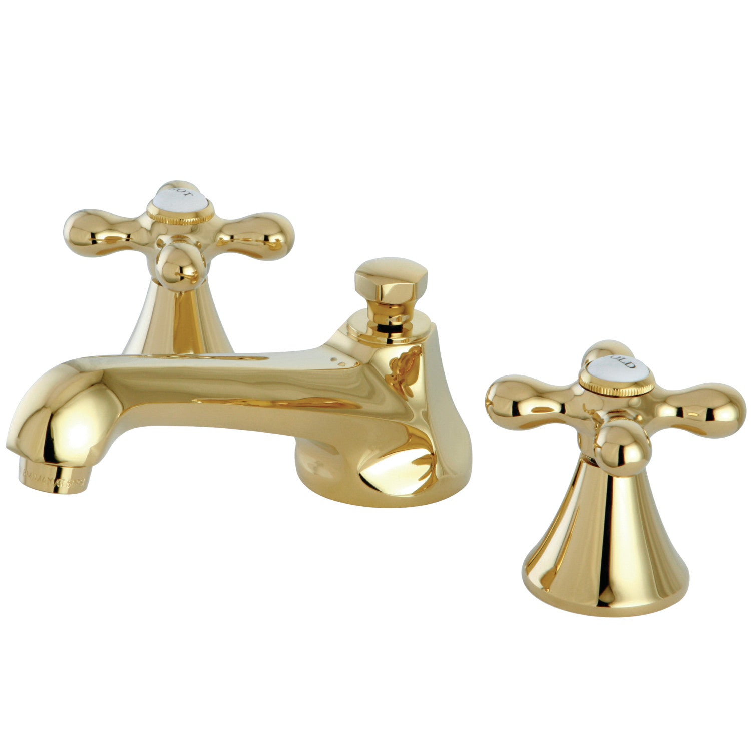Kingston Tulare KS4472AXTwo-Handle 3-Hole Deck Mount Widespread Bathroom Faucet with Brass Pop-Up, Polished Brass