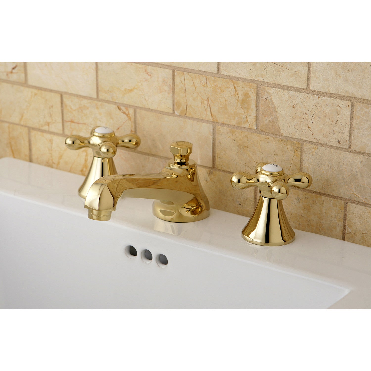 Kingston Tulare KS4472AXTwo-Handle 3-Hole Deck Mount Widespread Bathroom Faucet with Brass Pop-Up, Polished Brass — thumbnail 2