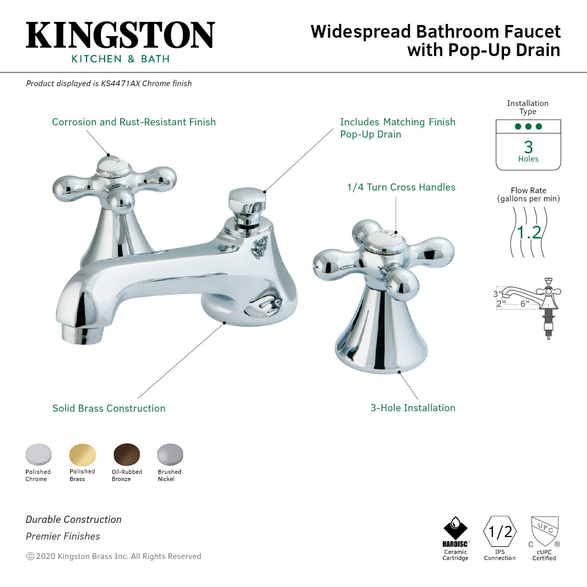 Kingston Tulare KS4472AXTwo-Handle 3-Hole Deck Mount Widespread Bathroom Faucet with Brass Pop-Up, Polished Brass — thumbnail 3