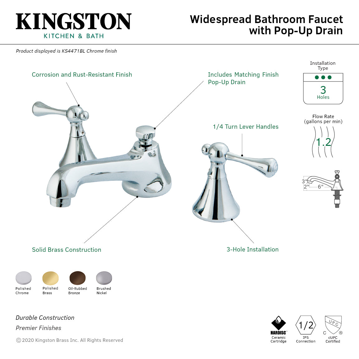 Kingston Tulare KS4472BLTwo-Handle 3-Hole Deck Mount Widespread Bathroom Faucet with Brass Pop-Up, Polished Brass — thumbnail 3