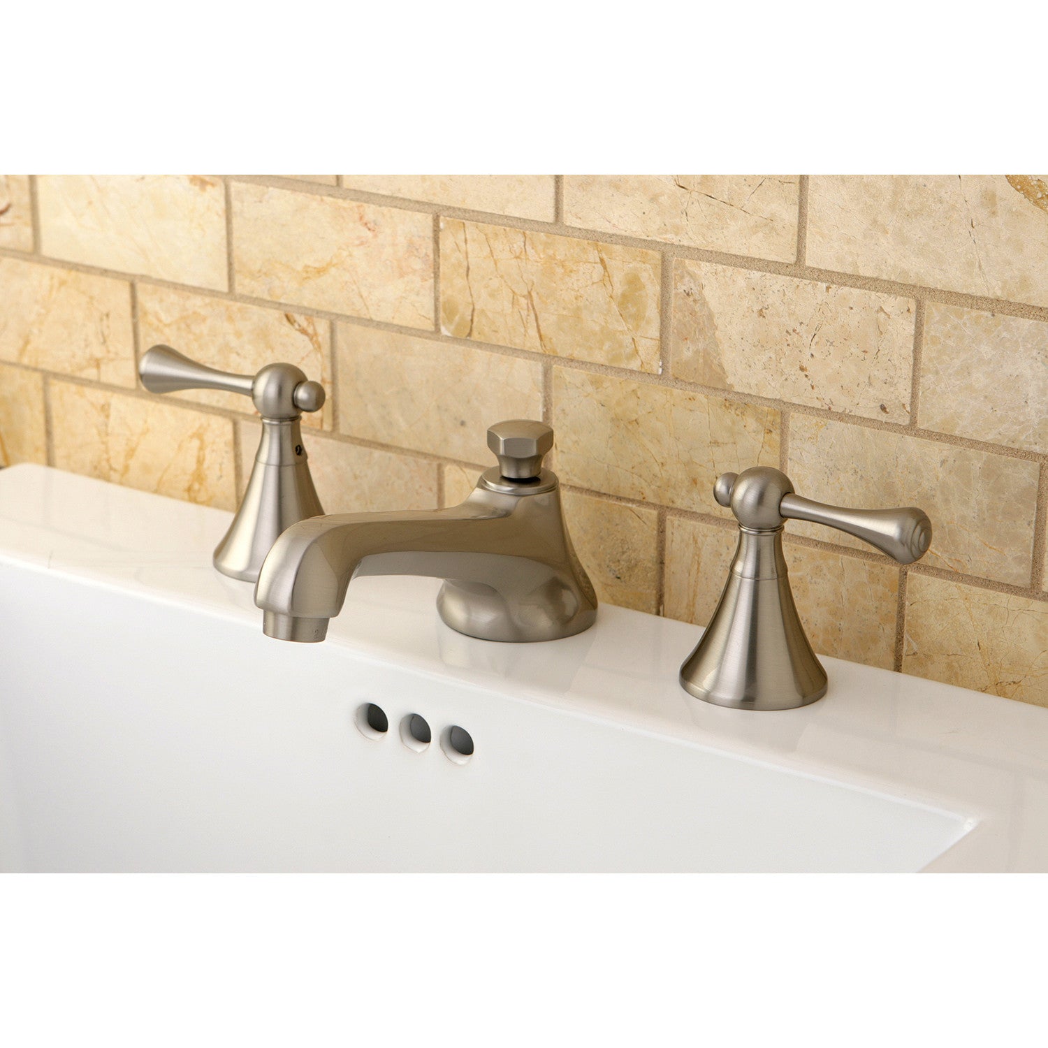 Kingston Tulare KS4478BLTwo-Handle 3-Hole Deck Mount Widespread Bathroom Faucet with Brass Pop-Up, Brushed Nickel — thumbnail 2