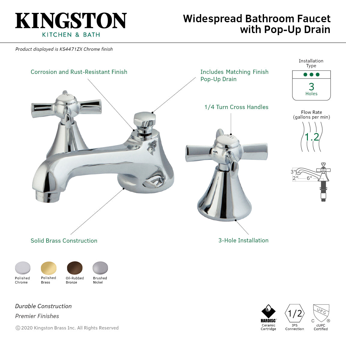 Kingston Tulare KS4478ZX - Millennium Two-Handle 3-Hole Deck Mount Widespread Bathroom Faucet with Brass Pop-Up, Brushed Nickel — thumbnail 3