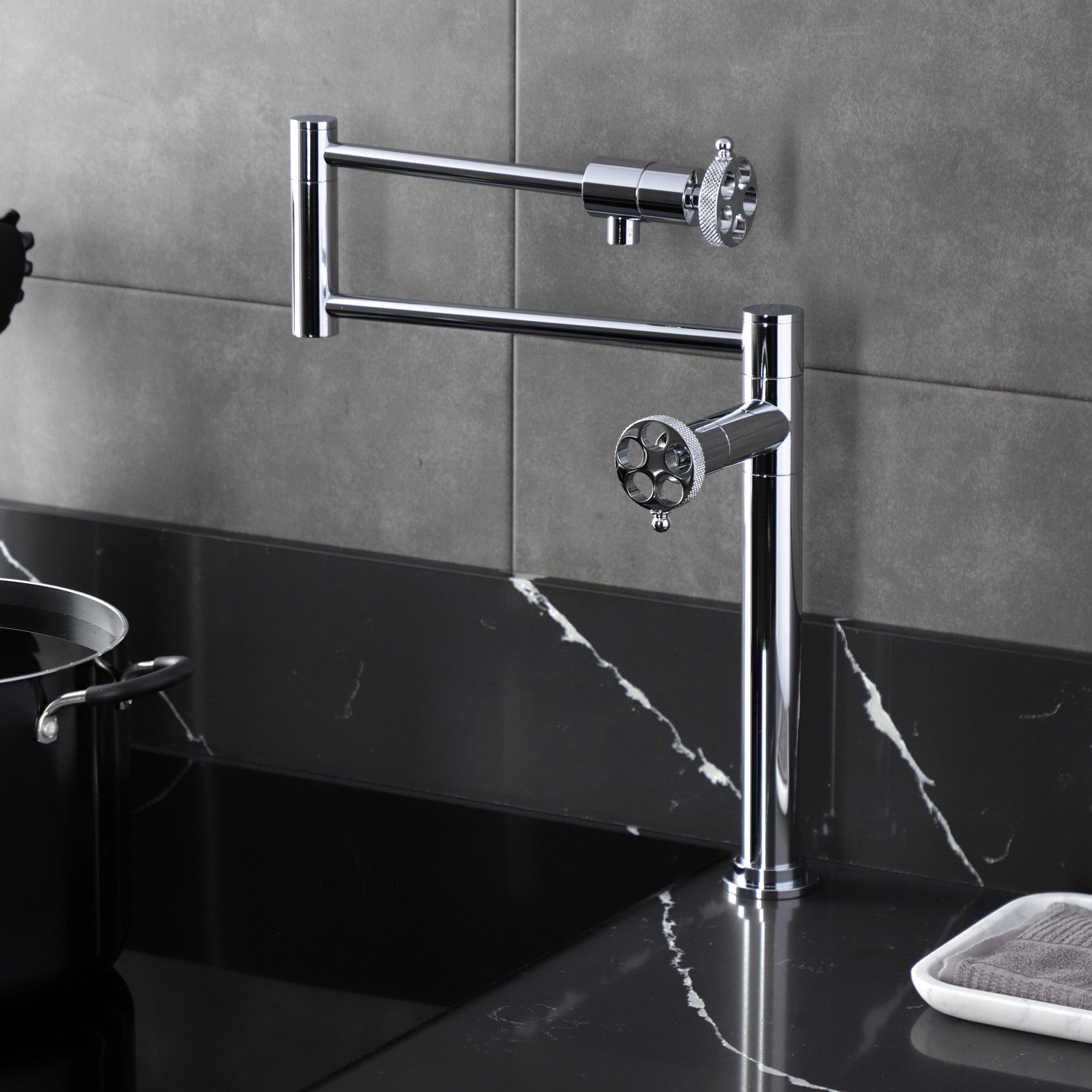 Kingston Sona KS4701RKX - Webb Two-Handle 1-Hole Deck Mount Pot Filler Faucet with Knurled Handle, Polished Chrome — thumbnail 2