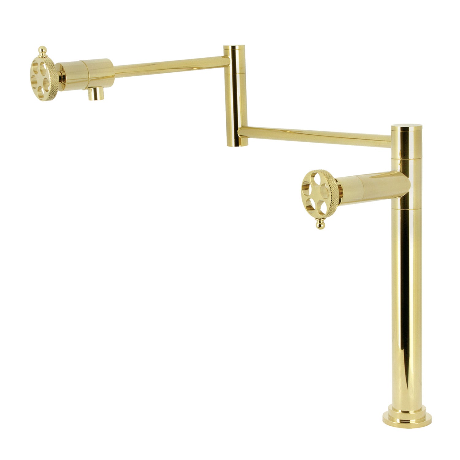 Kingston Sona KS4702RKX - Webb Two-Handle 1-Hole Deck Mount Pot Filler Faucet with Knurled Handle, Polished Brass