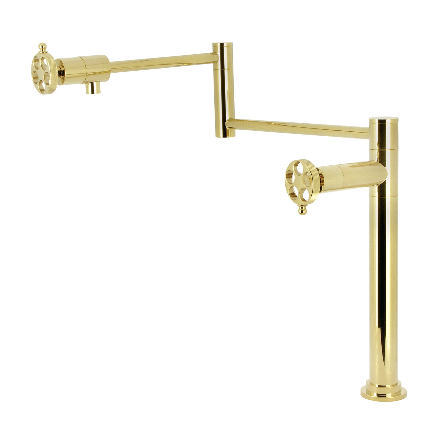 Kingston Sona KS4702RKZ - Wendell Two-Handle 1-Hole Deck Mount Pot Filler Faucet with Knurled Handle, Polished Brass