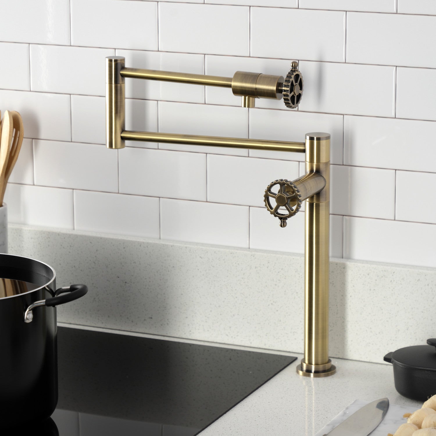 Kingston Sona KS4703CG - Fuller Two-Handle 1-Hole Deck Mount Pot Filler Faucet, Antique Brass — thumbnail 2