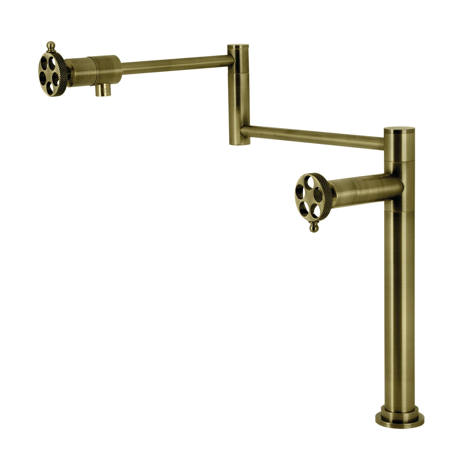 Kingston Sona KS4703RKX - Webb Two-Handle 1-Hole Deck Mount Pot Filler Faucet with Knurled Handle, Antique Brass