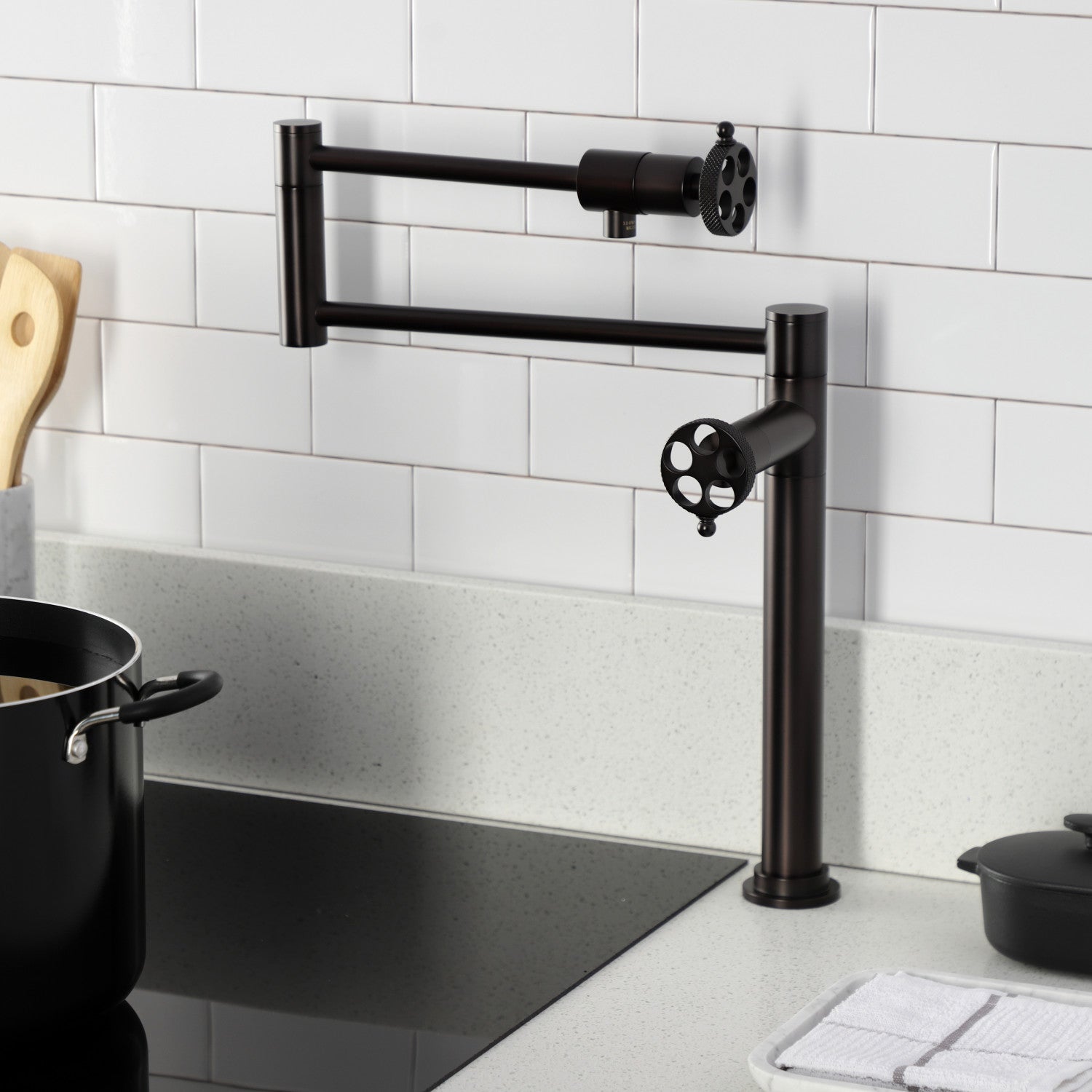 Kingston Sona KS4705RKX - Webb Two-Handle 1-Hole Deck Mount Pot Filler Faucet with Knurled Handle, Oil Rubbed Bronze — thumbnail 2