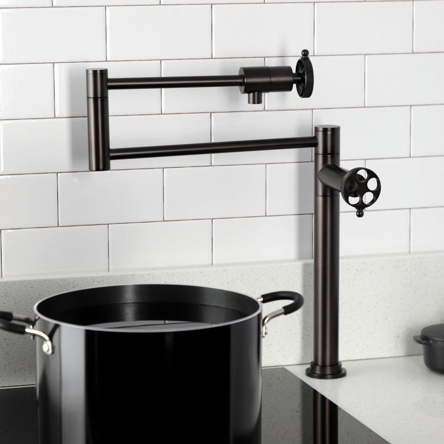 Kingston Sona KS4705RKX - Webb Two-Handle 1-Hole Deck Mount Pot Filler Faucet with Knurled Handle, Oil Rubbed Bronze — thumbnail 3