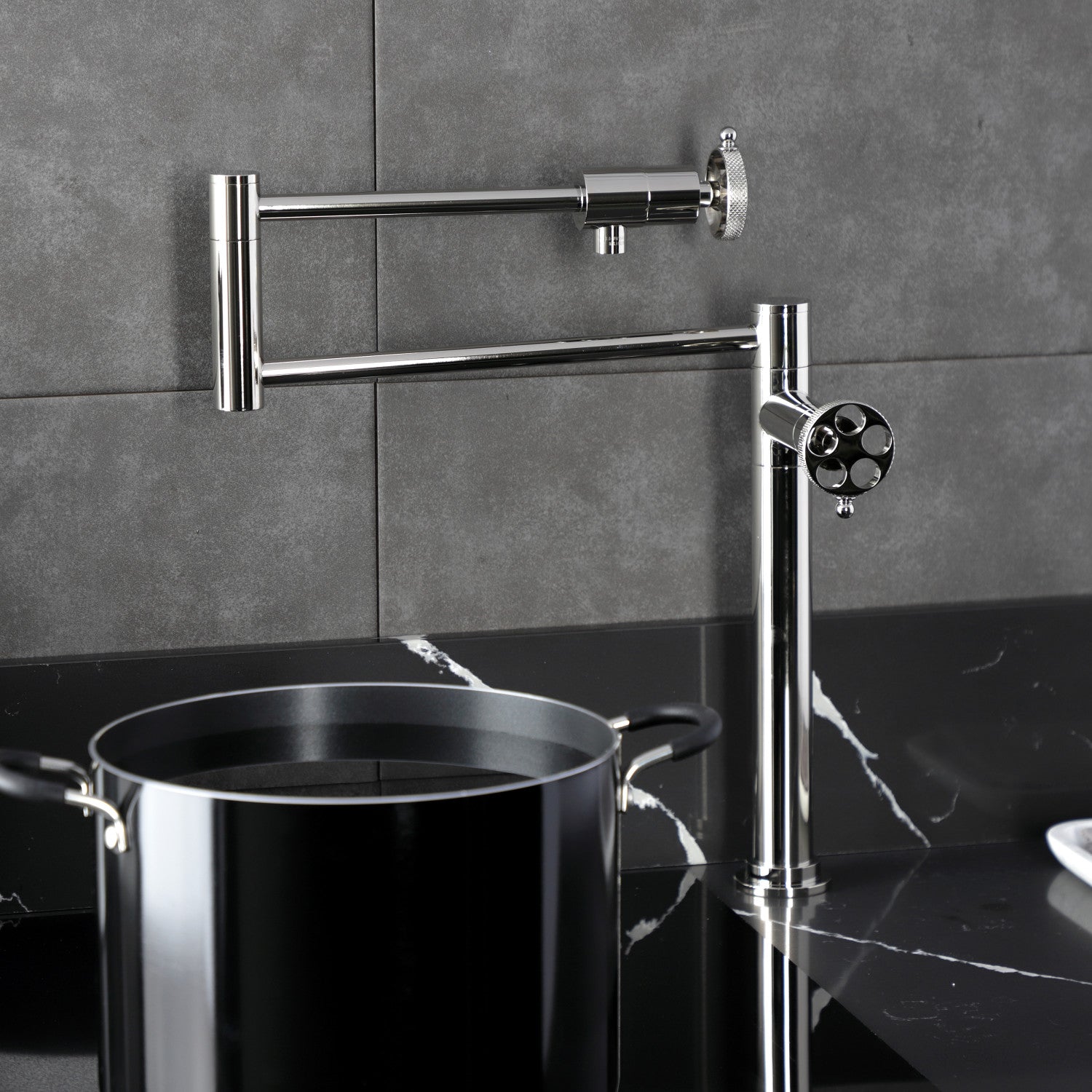 Kingston Sona KS4706RKX - Webb Two-Handle 1-Hole Deck Mount Pot Filler Faucet with Knurled Handle, Polished Nickel — thumbnail 3