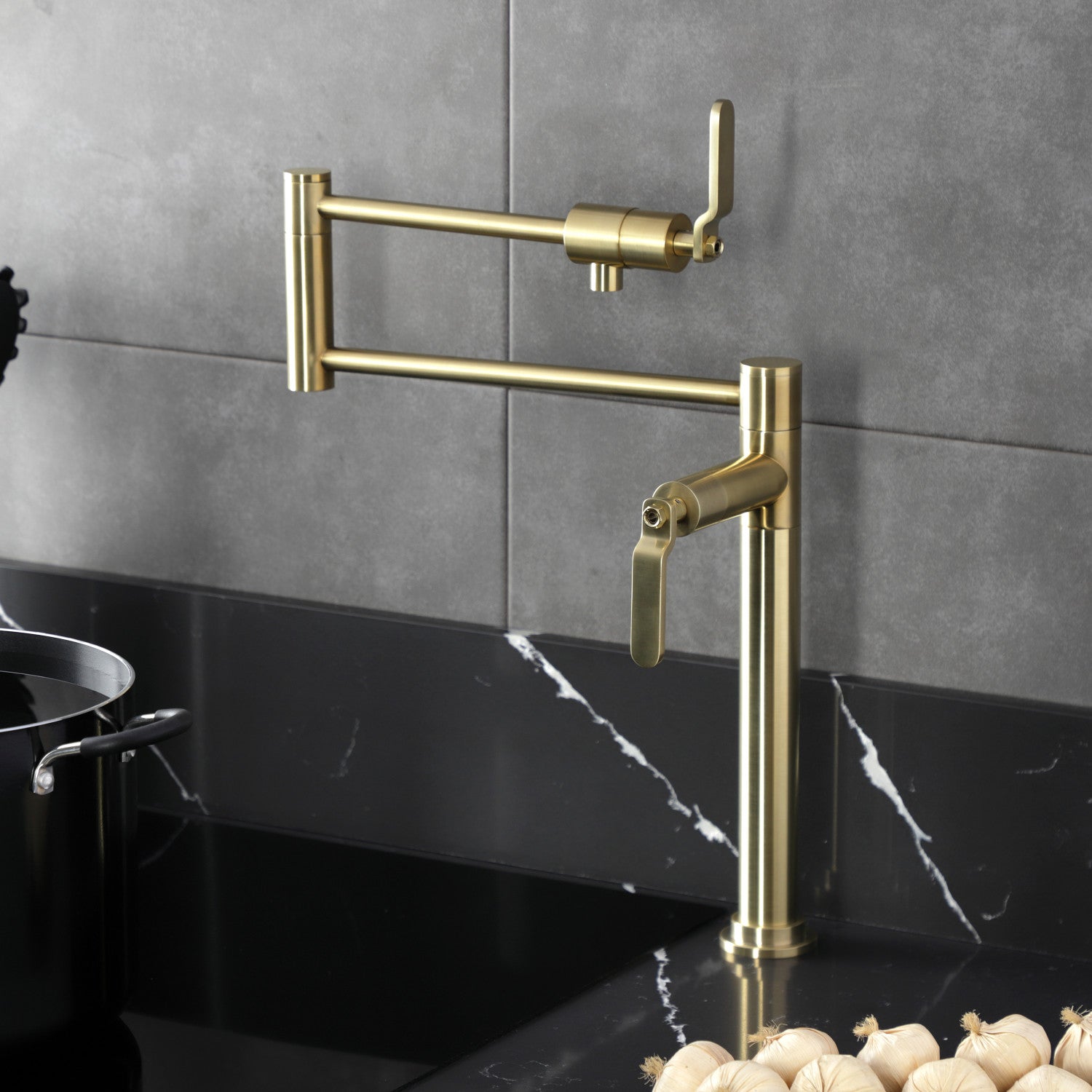 Kingston Sona KS4707KL - Whitaker Two-Handle 1-Hole Deck Mount Pot Filler Faucet, Brushed Brass — thumbnail 2