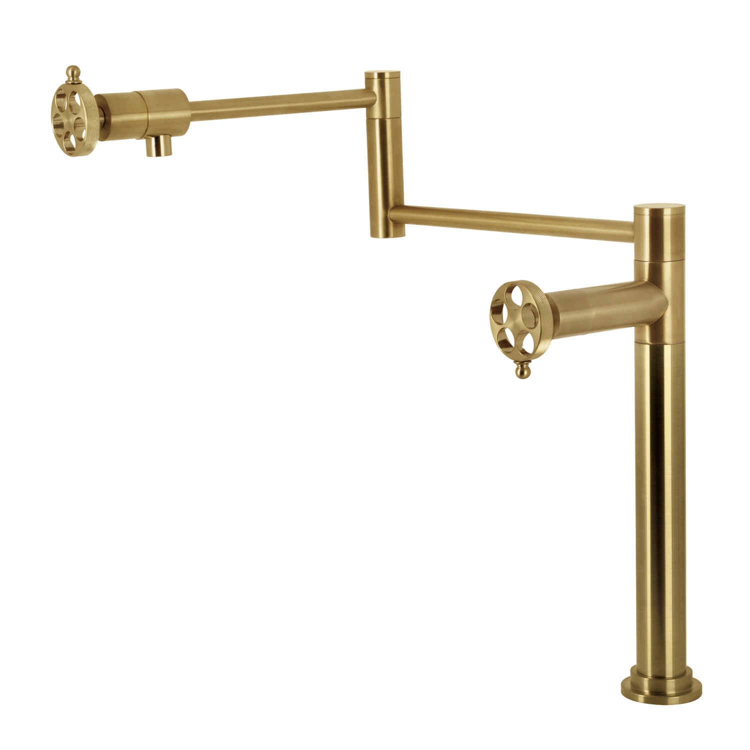 Kingston Sona KS4707RKZ - Wendell Two-Handle 1-Hole Deck Mount Pot Filler Faucet with Knurled Handle, Brushed Brass