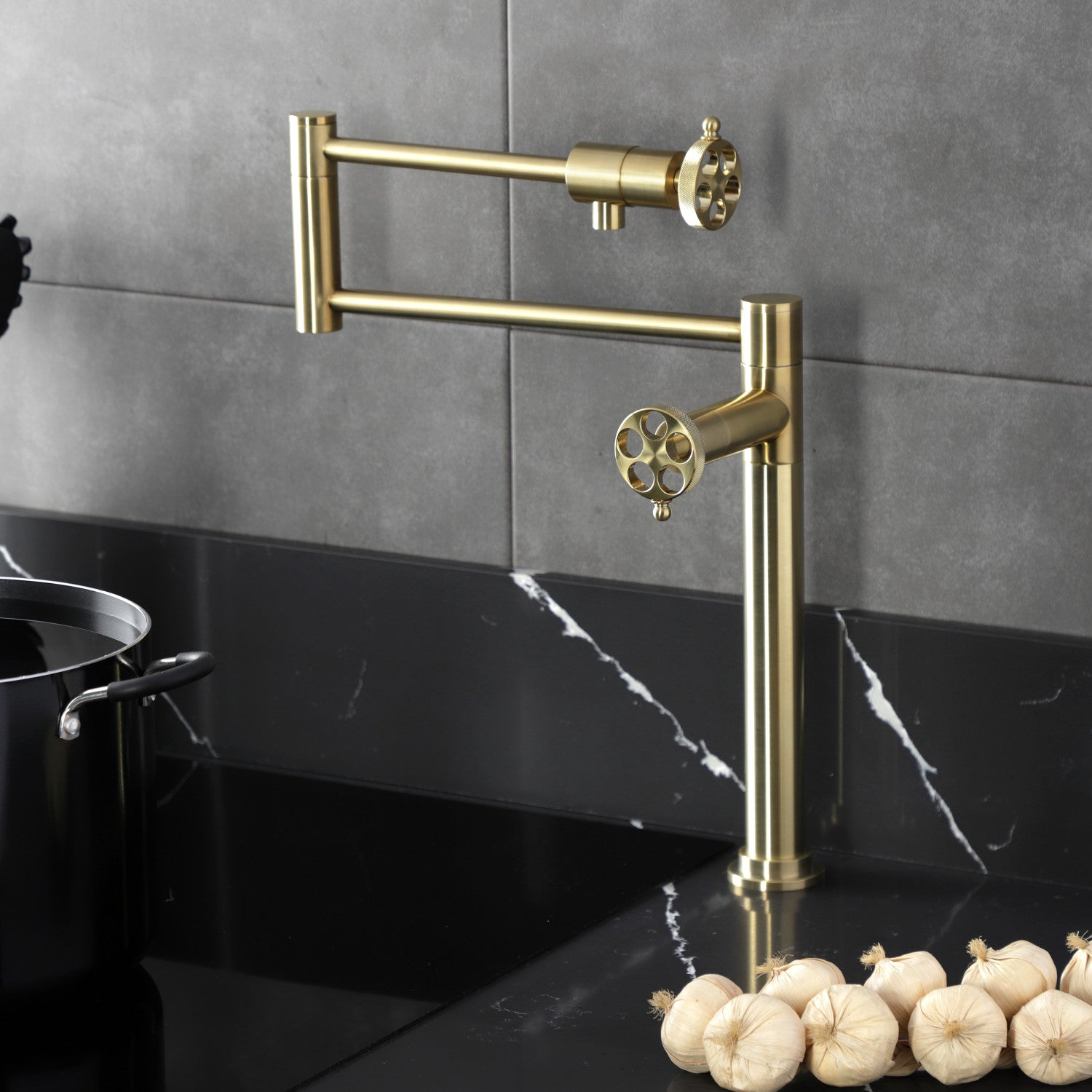 Kingston Sona KS4707RKZ - Wendell Two-Handle 1-Hole Deck Mount Pot Filler Faucet with Knurled Handle, Brushed Brass — thumbnail 2