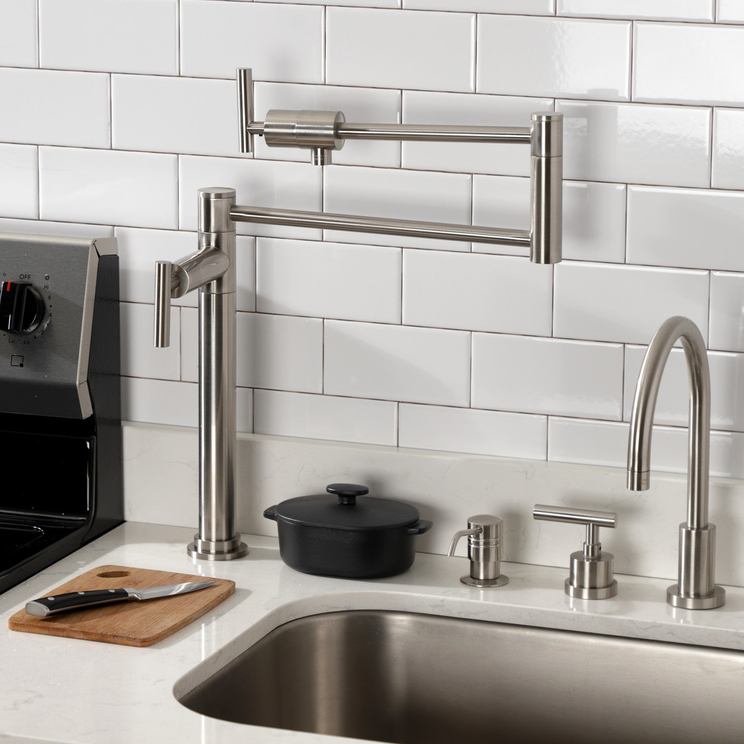 Kingston Sona KS4708CML - Manhattan Two-Handle 1-Hole Deck Mount Pot Filler Faucet, Brushed Nickel — thumbnail 2