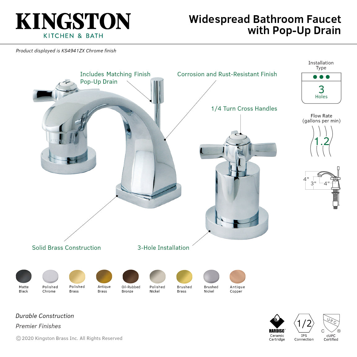 Kingston Tulare KS4942ZX - Millennium Two-Handle 3-Hole Deck Mount Widespread Bathroom Faucet with Brass Pop-Up, Polished Brass — thumbnail 3