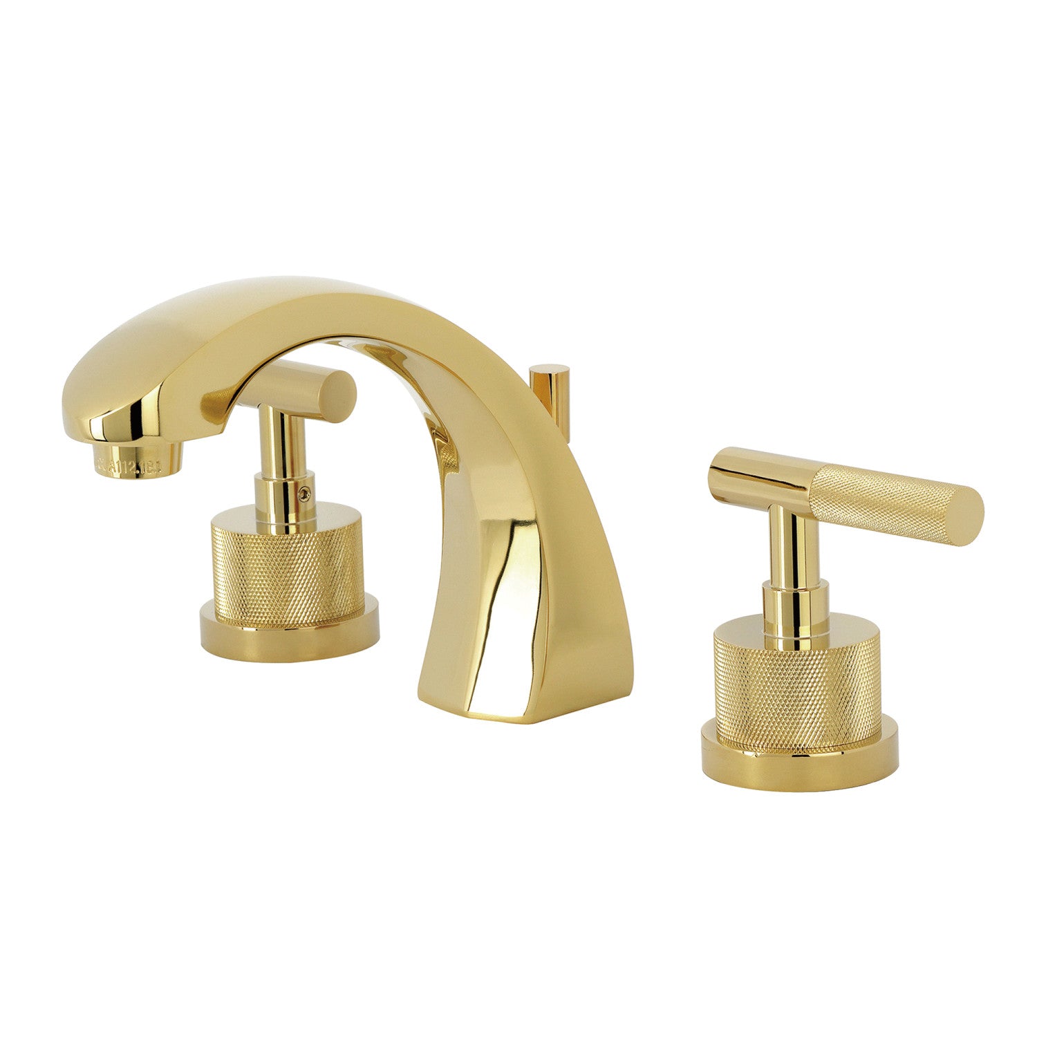 Kingston Sona KS4982KNL - Convergent Two-Handle 3-Hole Deck Mount Widespread Bathroom Faucet with Knurled Handle and Brass Pop-Up, Polished Brass