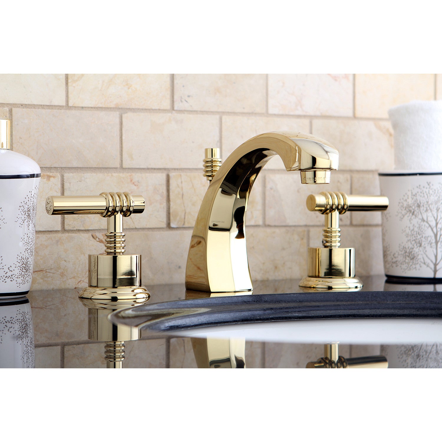 Kingston Tulare KS4982ML - Milano Two-Handle 3-Hole Deck Mount Widespread Bathroom Faucet with Brass Pop-Up, Polished Brass — thumbnail 2