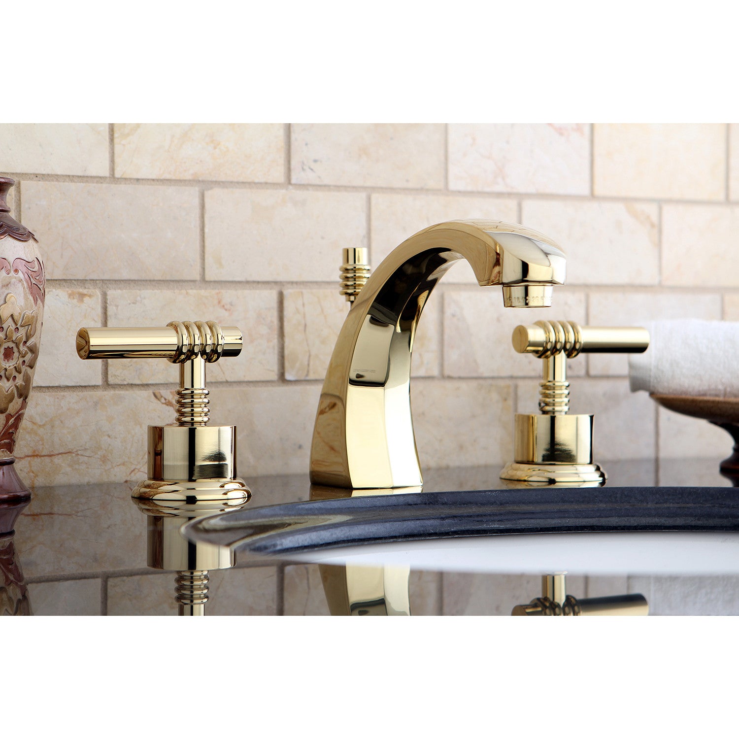 Kingston Tulare KS4982ML - Milano Two-Handle 3-Hole Deck Mount Widespread Bathroom Faucet with Brass Pop-Up, Polished Brass — thumbnail 3