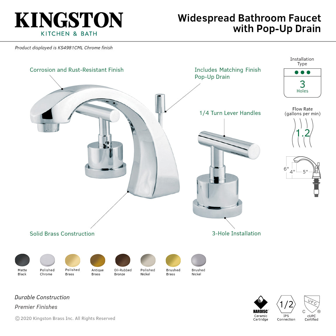 Kingston Sona KS4985CML - Manhattan Two-Handle 3-Hole Deck Mount Widespread Bathroom Faucet with Brass Pop-Up, Oil Rubbed Bronze — thumbnail 3