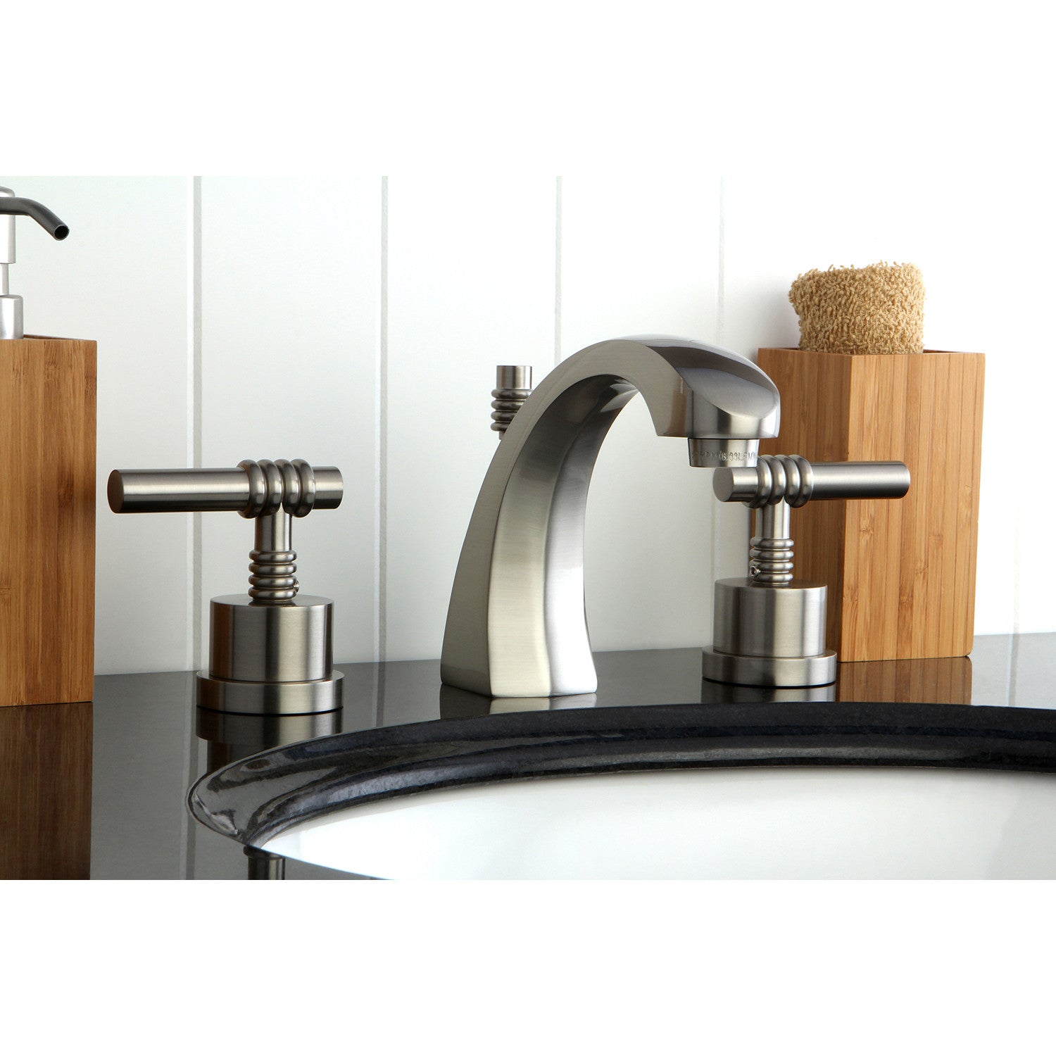 Kingston Tulare KS4988ML - Milano Two-Handle 3-Hole Deck Mount Widespread Bathroom Faucet with Brass Pop-Up, Brushed Nickel — thumbnail 3