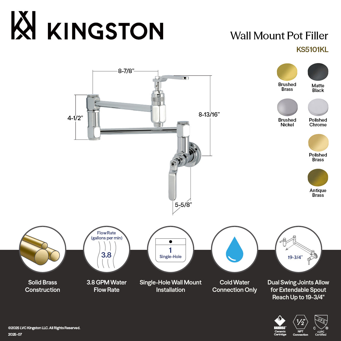 Kingston Sona KS5102KL - Whitaker Two-Handle 1-Hole Wall Mount Pot Filler Faucet, Polished Brass — thumbnail 2