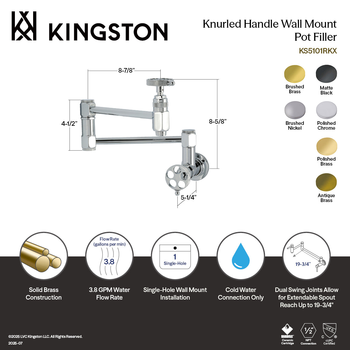 Kingston Sona KS5102RKX - Webb Two-Handle 1-Hole Wall Mount Pot Filler Faucet with Knurled Handle, Polished Brass — thumbnail 2