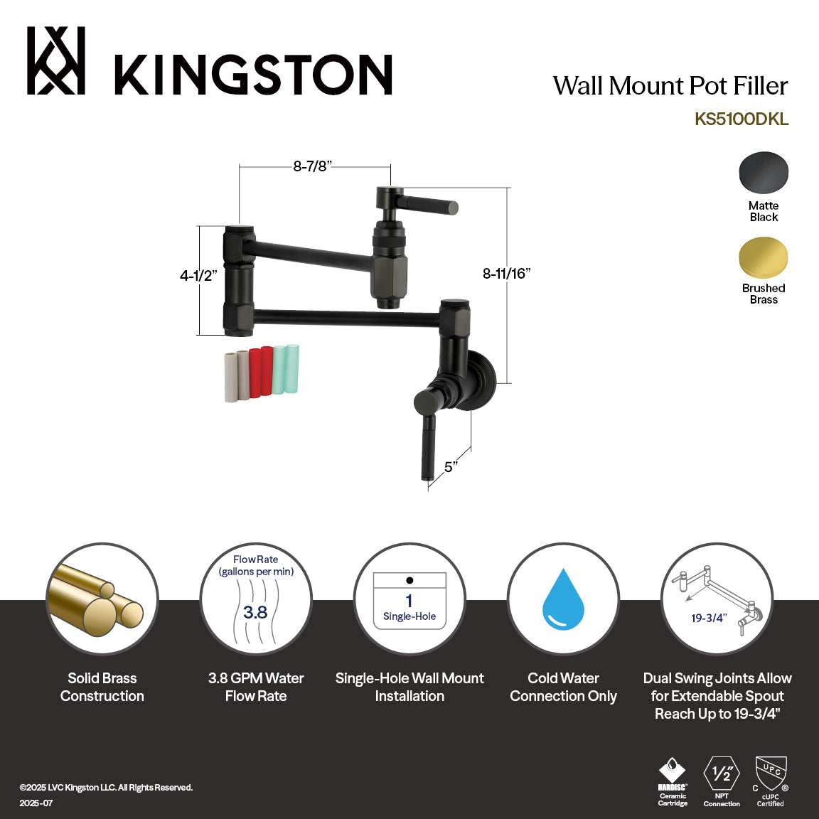 Kingston Sona KS5107DKL - Kaiser Two-Handle 1-Hole Wall Mount Pot Filler Faucet, Brushed Brass — thumbnail 2