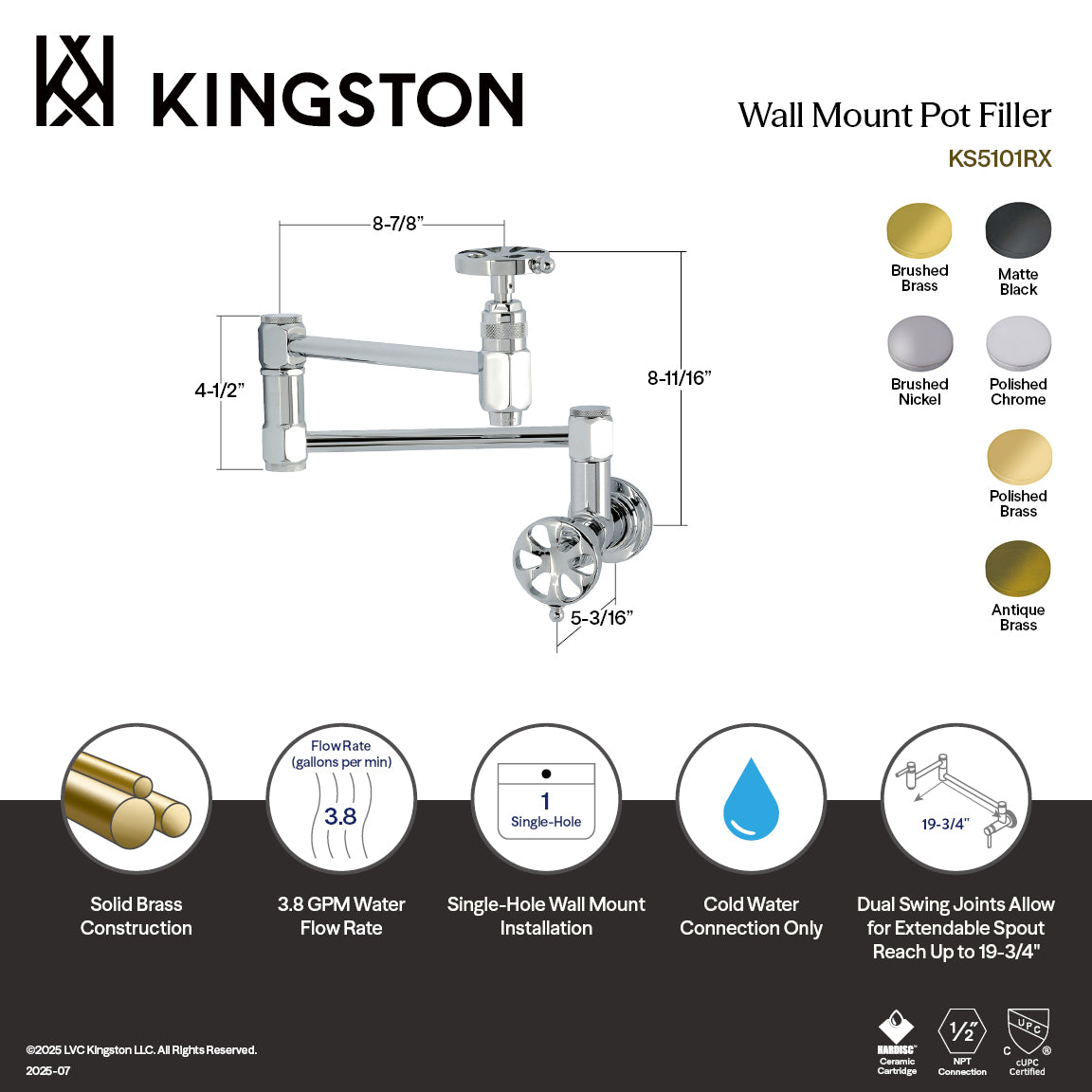 Kingston Sona KS5107RX - Belknap Wall Mount Pot Filler Faucet, Brushed Brass — thumbnail 2