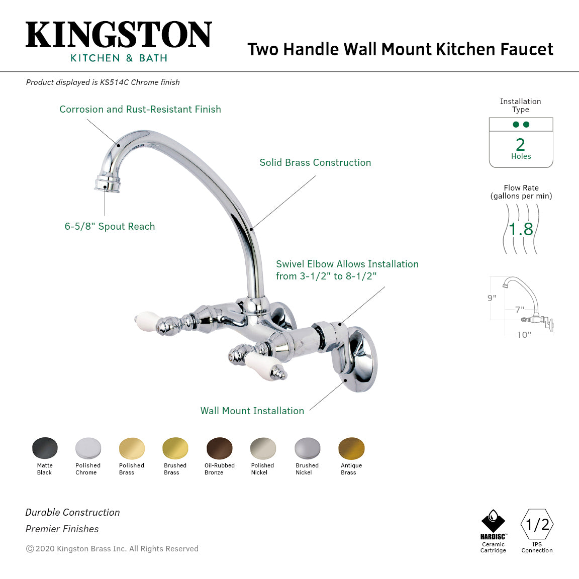 Kingston Heirloom KS514MB - Kingston Two-Handle 2-Hole Wall Mount Bridge Kitchen Faucet, Matte Black — thumbnail 2