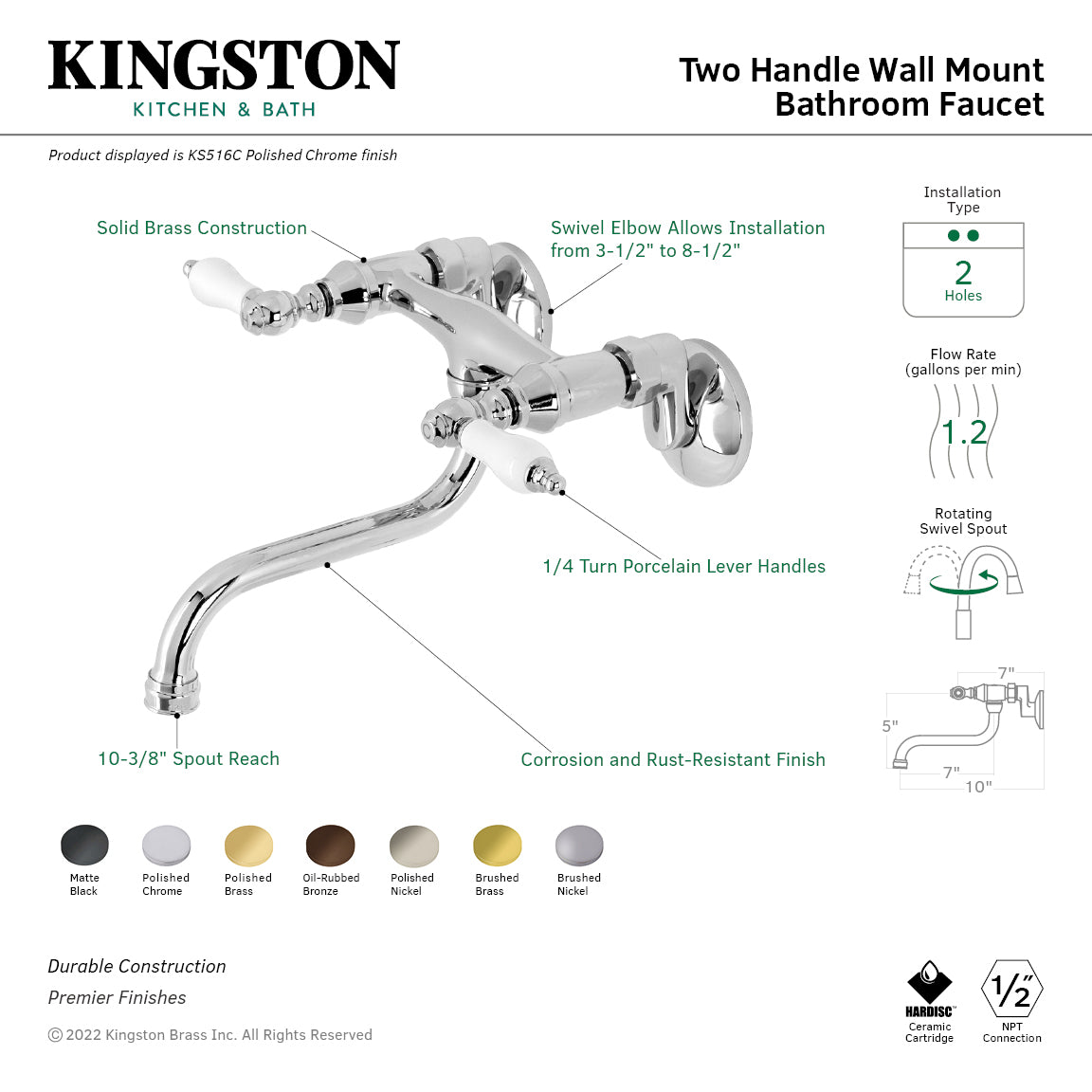 Kingston Heirloom KS516PB - Kingston Double-Handle 2-Hole Wall Mount Bathroom Faucet, Polished Brass — thumbnail 2