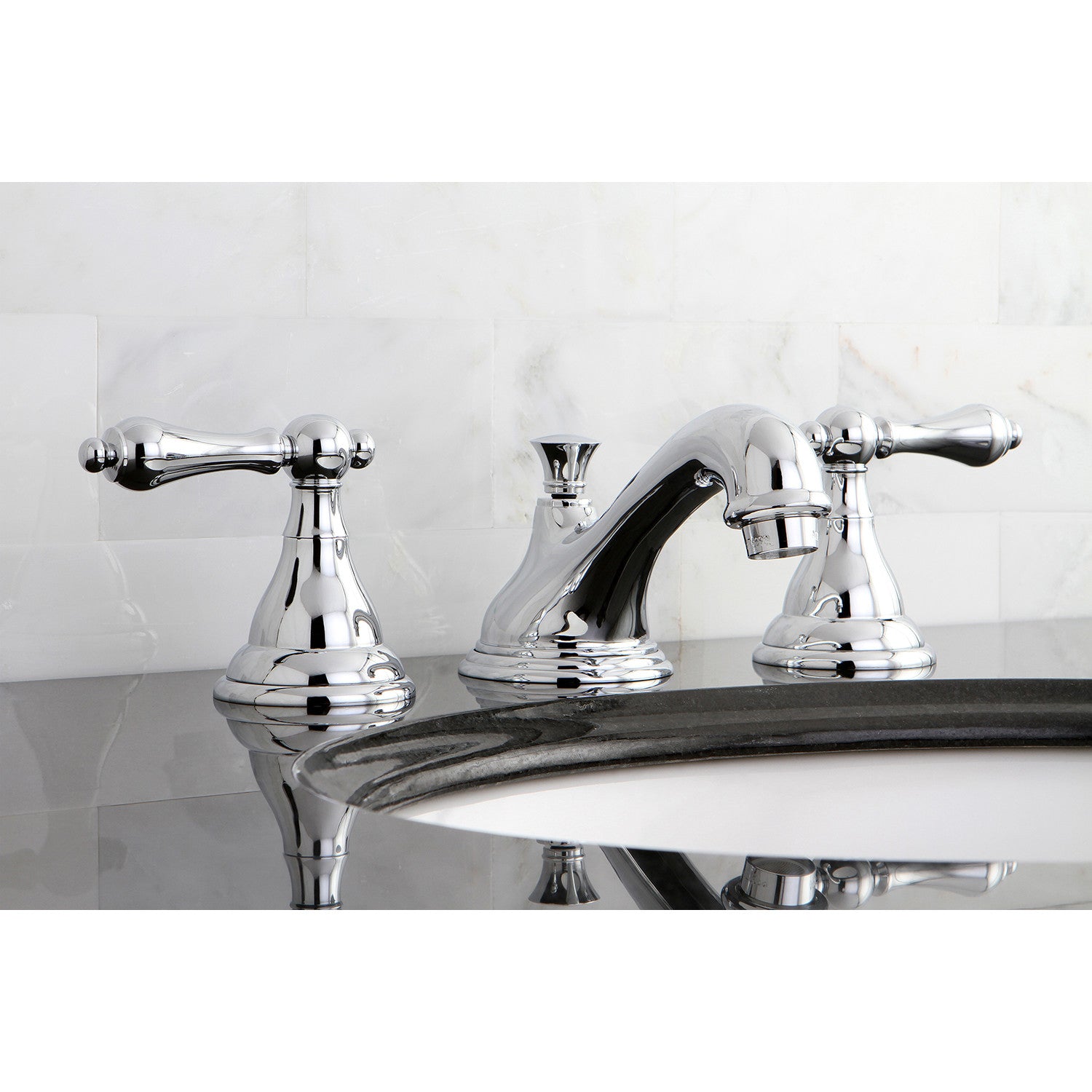 Kingston Heirloom KS5561ALTwo-Handle 3-Hole Deck Mount Widespread Bathroom Faucet with Brass Pop-Up, Polished Chrome — thumbnail 2