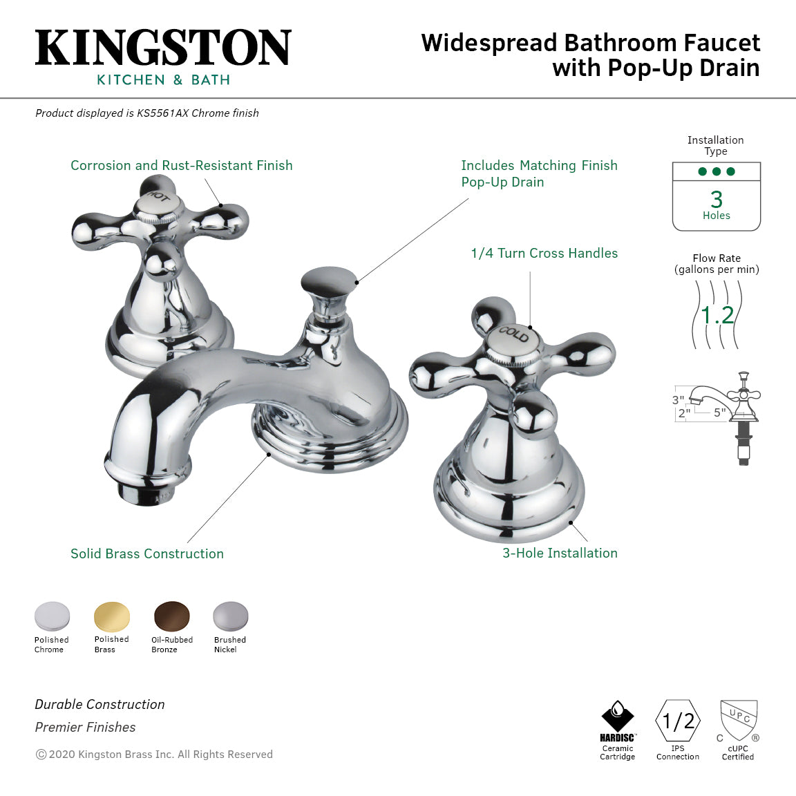 Kingston Heirloom KS5561AX - Royale Two-Handle 3-Hole Deck Mount Widespread Bathroom Faucet with Brass Pop-Up, Polished Chrome — thumbnail 3