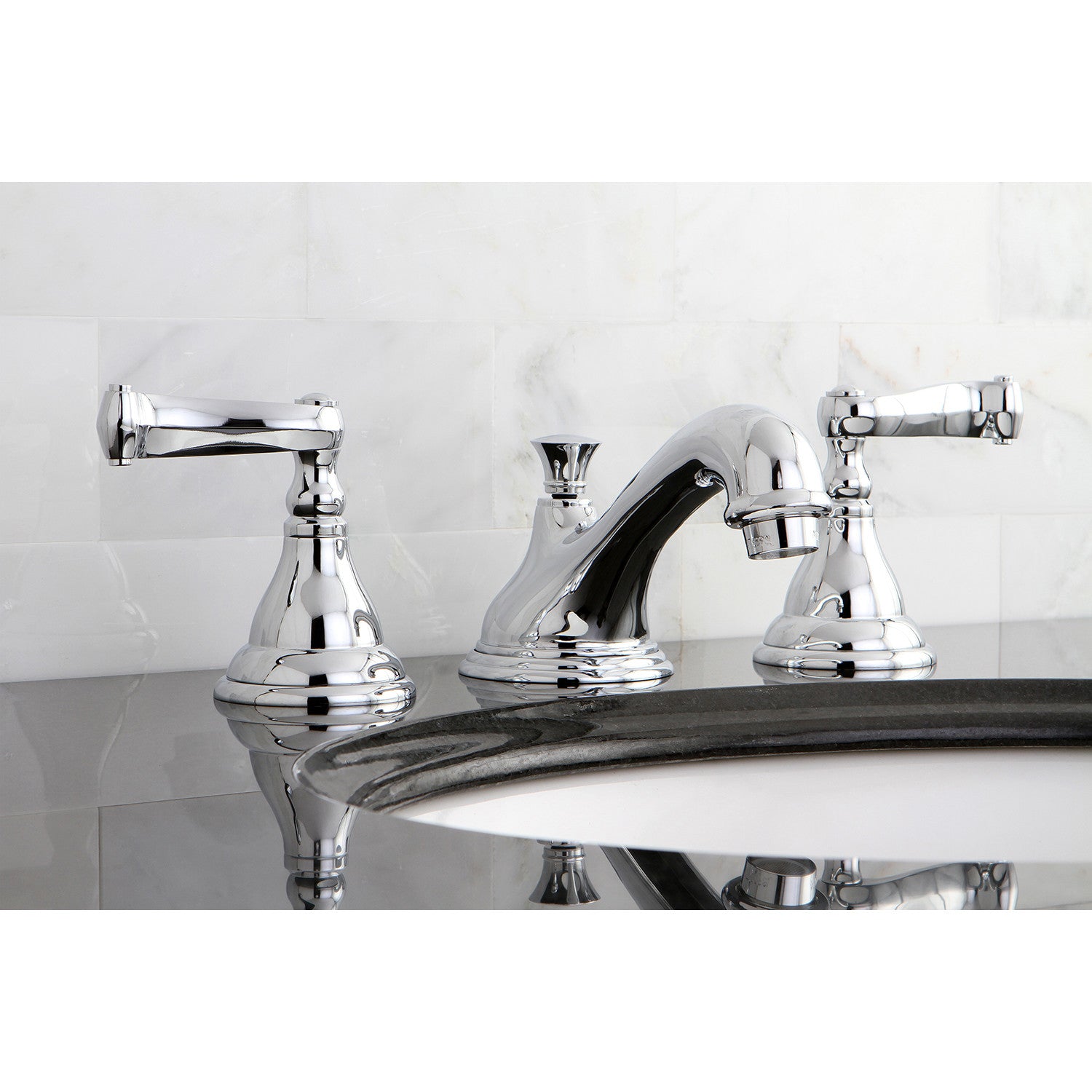 Kingston Tulare KS5561FL - Royale Two-Handle 3-Hole Deck Mount Widespread Bathroom Faucet with Brass Pop-Up, Polished Chrome — thumbnail 2