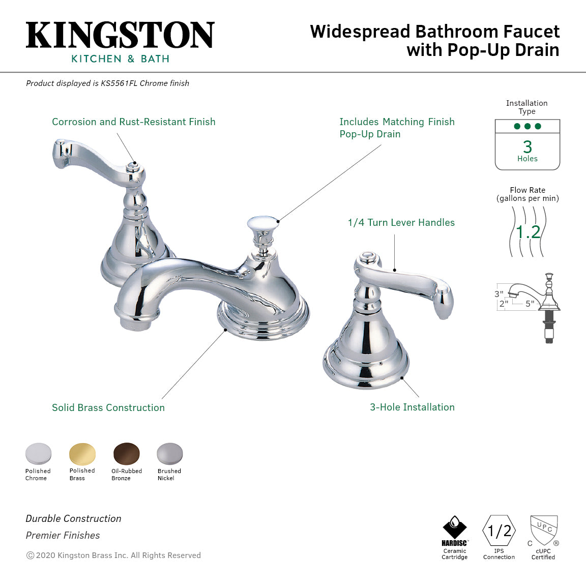 Kingston Tulare KS5562FL - Royale Two-Handle 3-Hole Deck Mount Widespread Bathroom Faucet with Brass Pop-Up, Polished Brass — thumbnail 3